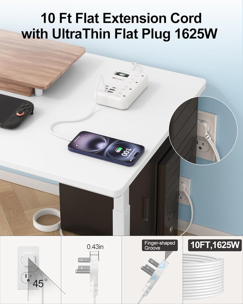 Beeiker 6 USB(2 USB C) Surge Protector Power Strip- 10 Ft Extension Cord with 24W USB Charging Station and 4 Outlets, Long Flat Extension Cord with Multiple Outlets for Travel Home Office Dorm White - Image 3